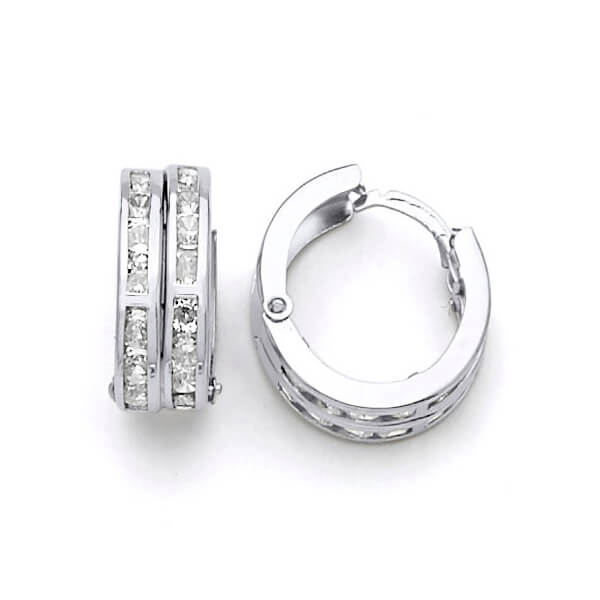 Huggie Earrings with White CZ in 14K White Gold