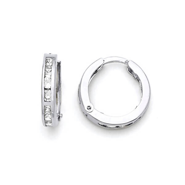 Huggie Earrings with White CZ in 14K White Gold
