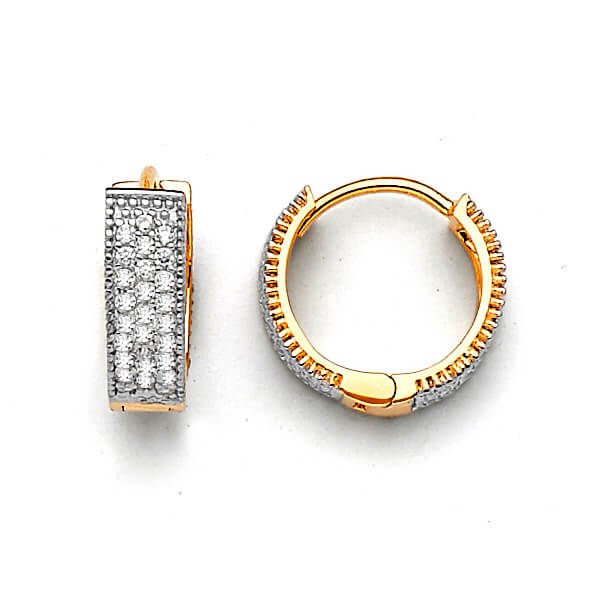 Huggie Earrings with White CZ in 14K Two-Tone Gold