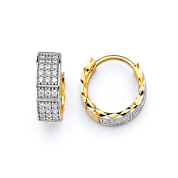 Huggie Earrings with White CZ in 14K Two-Tone Gold