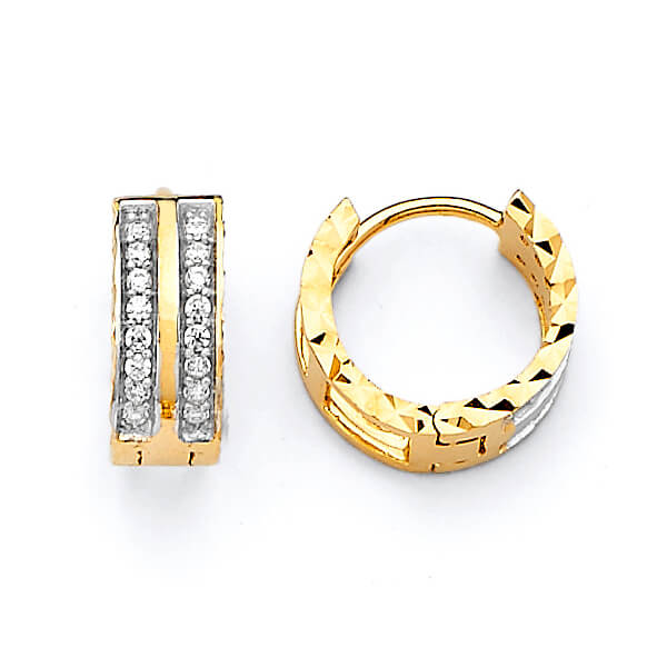 Huggie Earrings with White CZ in 14K Two-Tone Gold