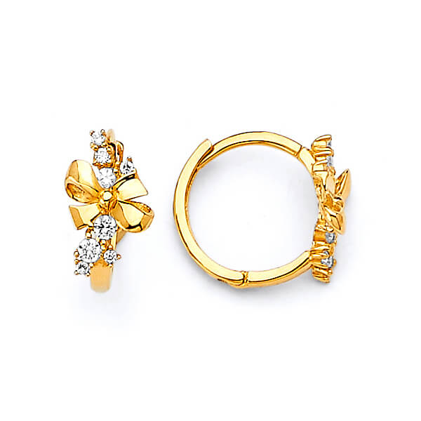 Ribbon Huggie Earrings with White CZ in 14K Gold