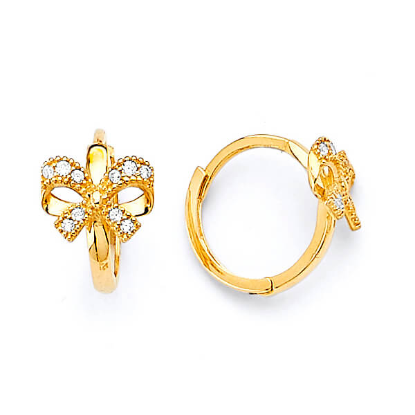 Ribbon Huggie Earrings with White CZ in 14K Gold