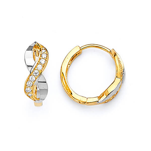 Huggie Earrings with White CZ in 14K Two-Tone Gold