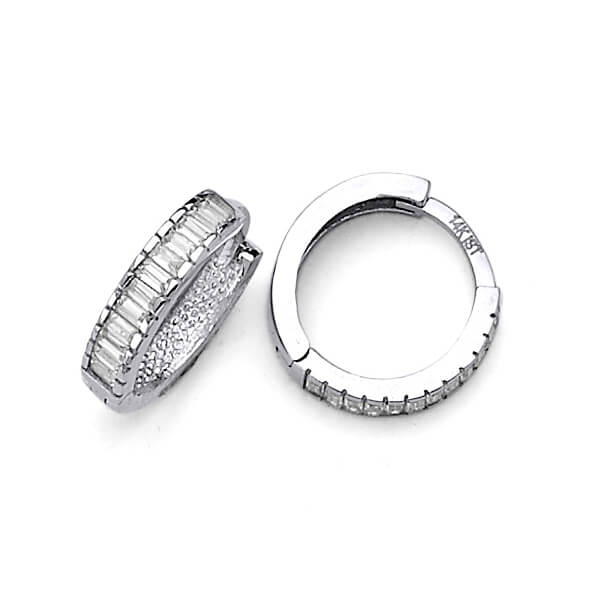 Huggie Earrings with White CZ in 14K White Gold