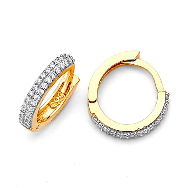 Huggie Earrings with White CZ in 14K Two-Tone Gold