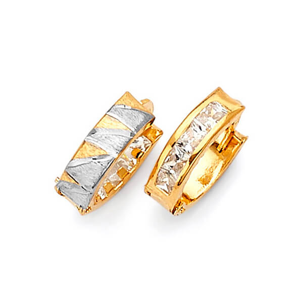 Huggie Earrings with White CZ in 14K Two-Tone Gold