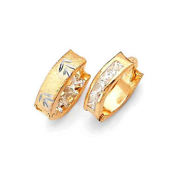 Huggie Earrings with White CZ in 14K Two-Tone Gold