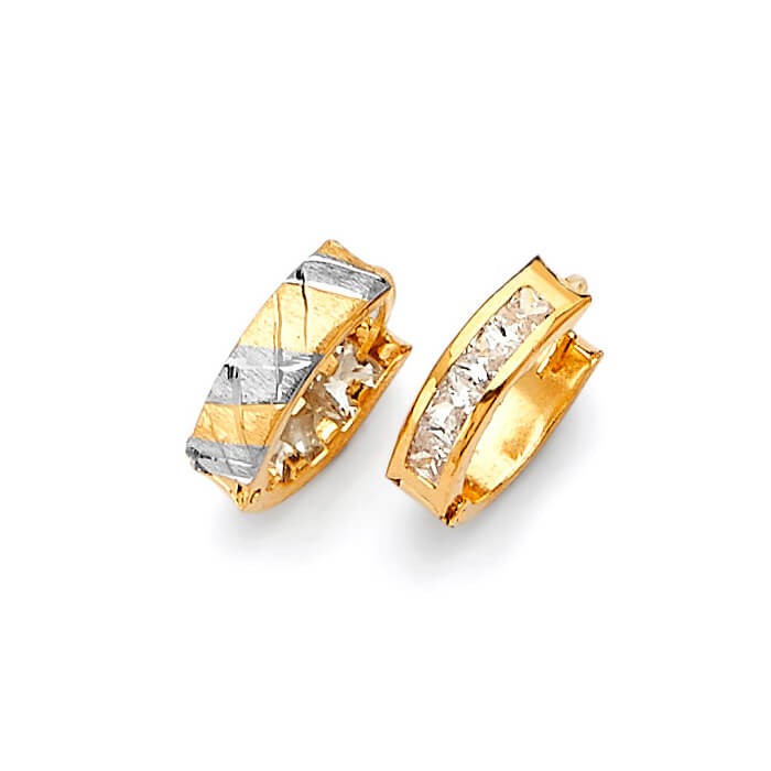 Huggie Earrings with White CZ in 14K Two-Tone Gold