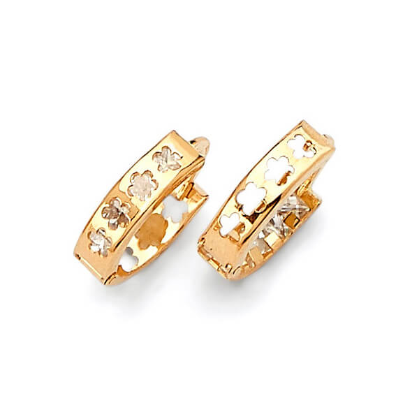 Flower Huggie Earrings with White CZ in 14K Gold