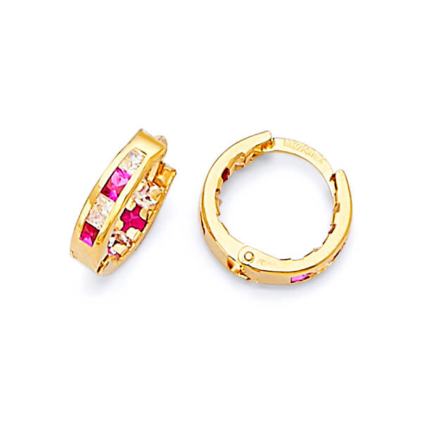 Huggie Earrings with Red & White CZ in 14K Gold