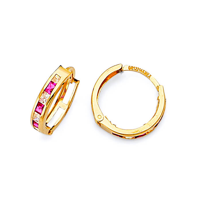Huggie Earrings with Red & White CZ in 14K Gold