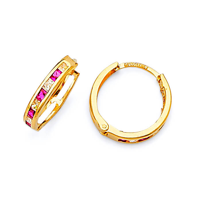 Huggie Earrings with Red & White CZ in 14K Gold