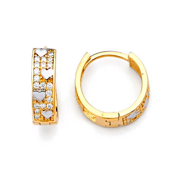 Heart Huggie Earrings with White CZ in 14K Two-Tone Gold