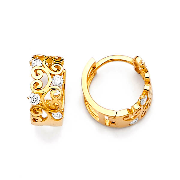 Heart Huggie Earrings with White CZ in 14K Gold