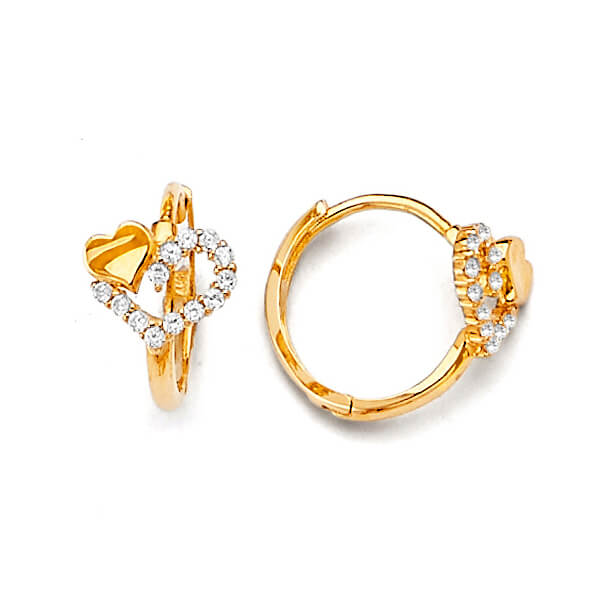 Heart Huggie Earrings with White CZ in 14K Gold