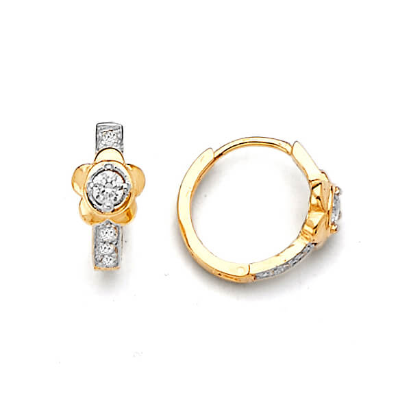 Flower Huggie Earrings with White CZ in 14K Two-Tone Gold