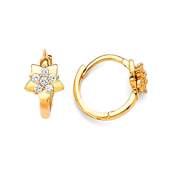 Flower Huggie Earrings with White CZ in 14K Gold