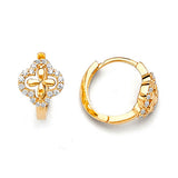 Flower Huggie Earrings with White CZ in 14K Gold