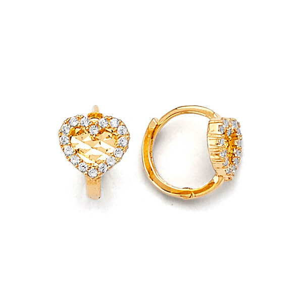 Heart Huggie Earrings with White CZ in 14K Gold