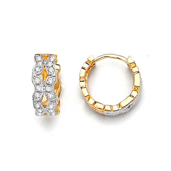 Huggie Earrings with White CZ in 14K Two-Tone Gold
