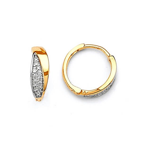 Huggie Earrings with White CZ in 14K Two-Tone Gold