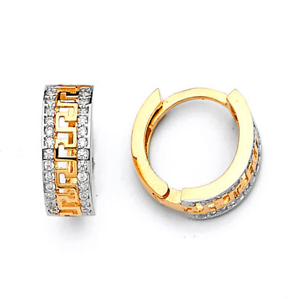 Huggie Earrings with White CZ in 14K Two-Tone Gold