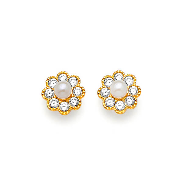 Flower Stud Earrings with White CZ and Pearl in 14K Gold and Butterfly Backing
