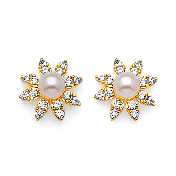 Flower Stud Earrings with White CZ and Pearl in 14K Gold and Butterfly Backing