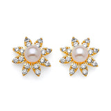 Flower Stud Earrings with White CZ and Pearl in 14K Gold and Butterfly Backing