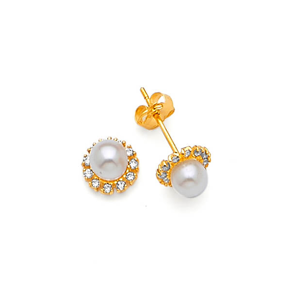 Stud Earrings with White CZ and Pearl in 14K Gold and Butterfly Backing