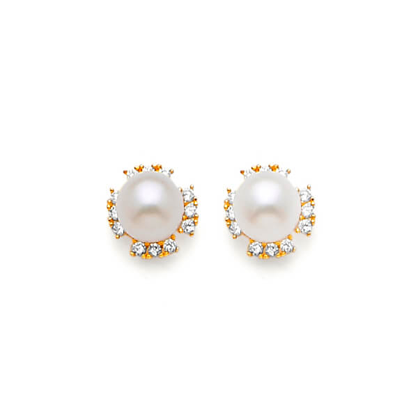 Stud Earrings with White CZ and Pearl in 14K Gold and Butterfly Backing