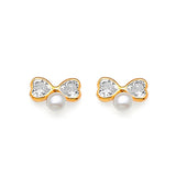 Ribbon Stud Earrings with White CZ and Pearl in 14K Gold and Screw Backing
