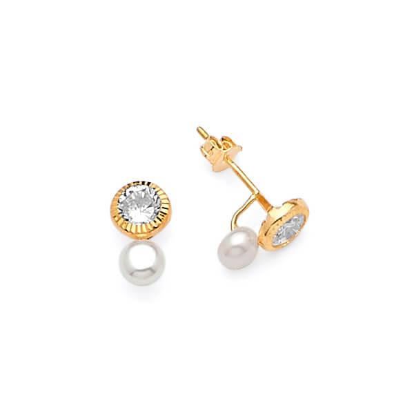 Stud Earrings with White CZ and Pearl in 14K Gold and Butterfly Backing