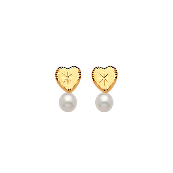 Heart Stud Earrings with Pearl in 14K Gold and Butterfly Backing