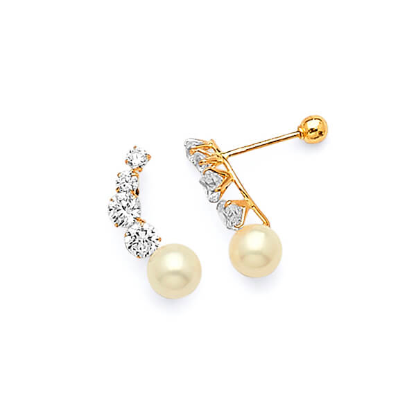 Crawler Stud Earrings with White CZ and Pearl in 14K Gold and Screw Backing