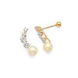 Crawler Stud Earrings with White CZ and Pearl in 14K Gold and Screw Backing
