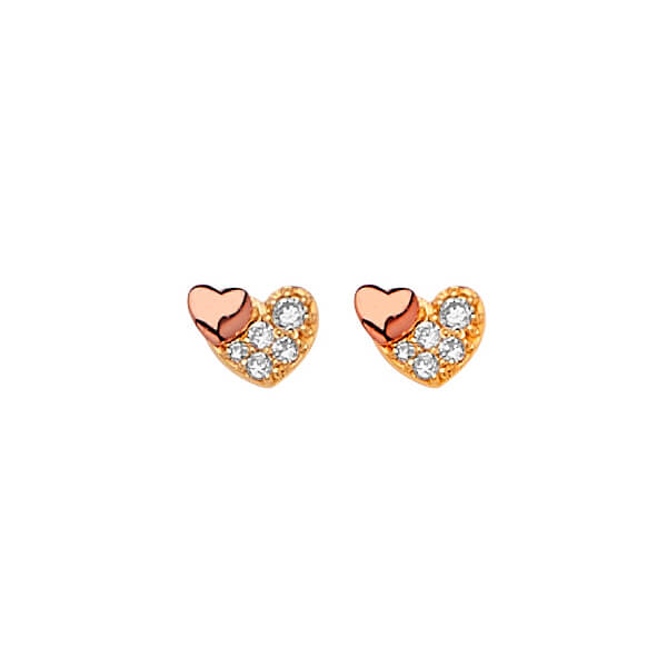 Heart Stud Earrings with White CZ in 14K Two-Tone Gold and Butterfly Backing