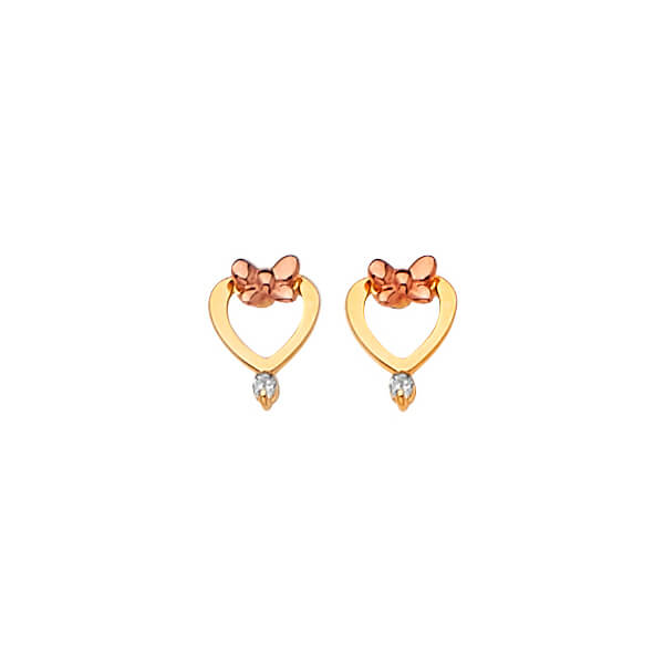 Heart Stud Earrings with White CZ in 14K Two-Tone Gold and Butterfly Backing
