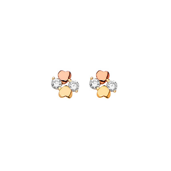 Heart Stud Earrings with White CZ in 14K Two-Tone Gold and Butterfly Backing