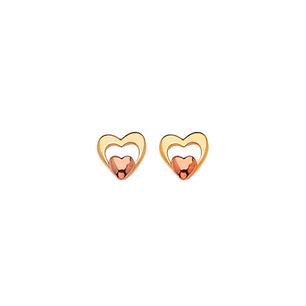 Heart Stud Earrings with White CZ in 14K Two-Tone Gold and Butterfly Backing