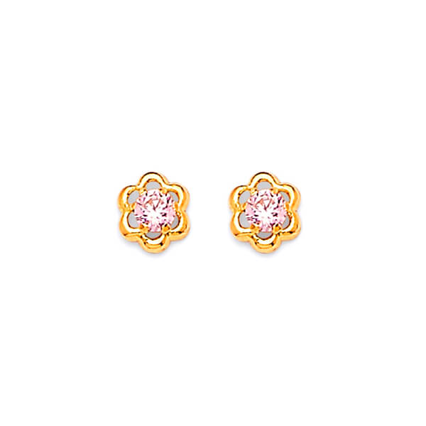Stud Earrings with Pink CZ in 14K Gold and Butterfly Backing