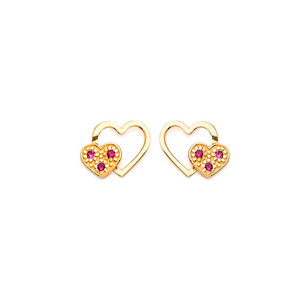Heart Stud Earrings with Red CZ in 14K Gold and Screw Backing