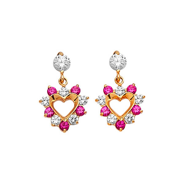 Heart Dangling Earrings with Red & White CZ in 14K Gold and Butterfly Backing