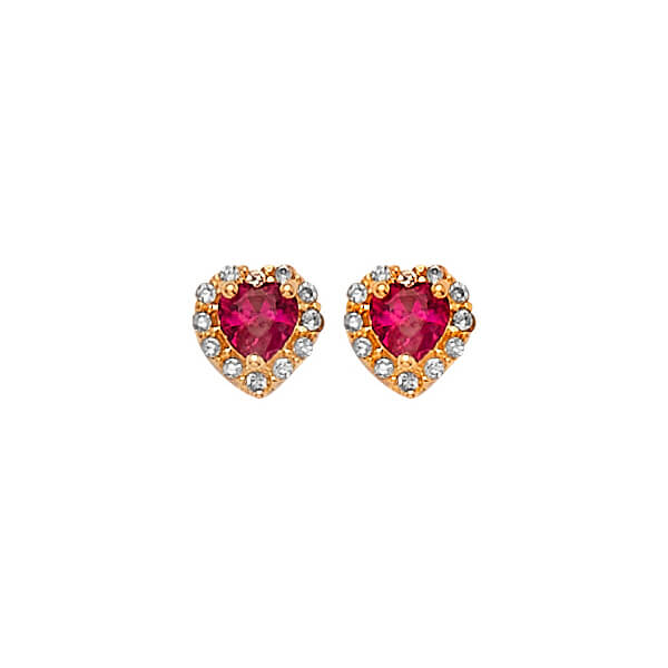 Heart Stud Earrings with Red & White CZ in 14K Gold and Butterfly Backing