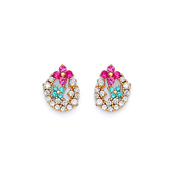 Flower Stud Earrings with Red & Blue CZ in 14K Gold and Butterfly Backing