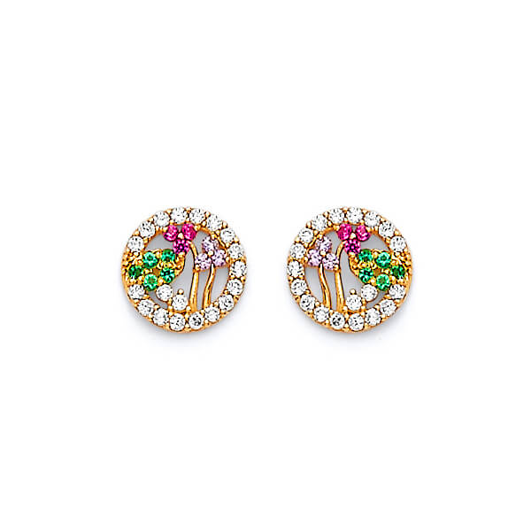 Flower Stud Earrings with Multi-Color CZ in 14K Gold and Butterfly Backing