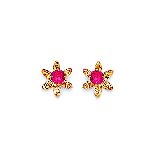Flower Stud Earrings with Red CZ in 14K Gold and Screw Backing