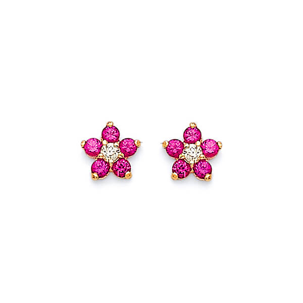 Flower Stud Earrings with Pink & White CZ in 14K Gold and Butterfly Backing