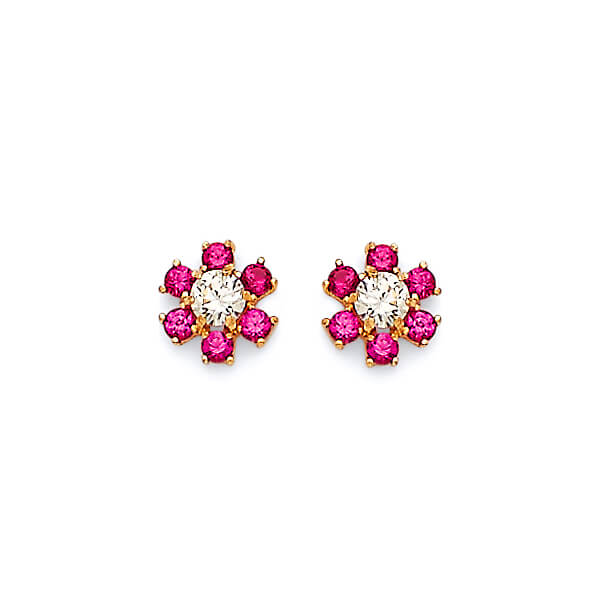 Flower Stud Earrings with Pink & White CZ in 14K Gold and Butterfly Backing